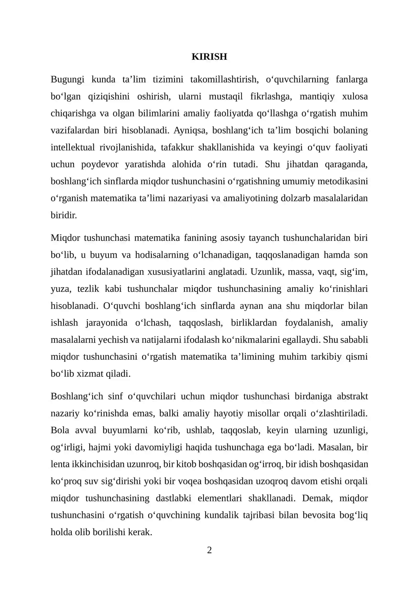 BOSHLANG‘ICH SINFLARDA MIQDOR TUSHUNCHASINI O‘RGATISHNING UMUMIY METODIKASI 2