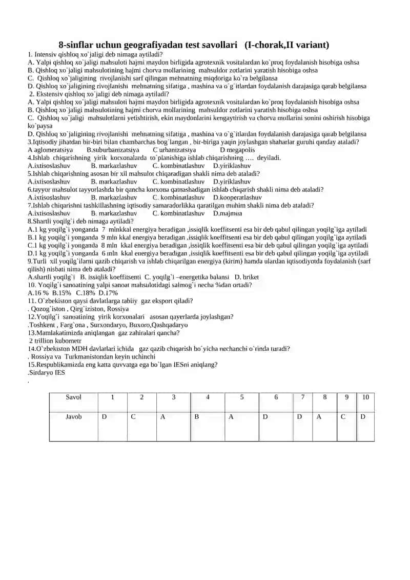 8-sinflar uchun geografiyadan test savollari (I-chorak,I-variant) 2