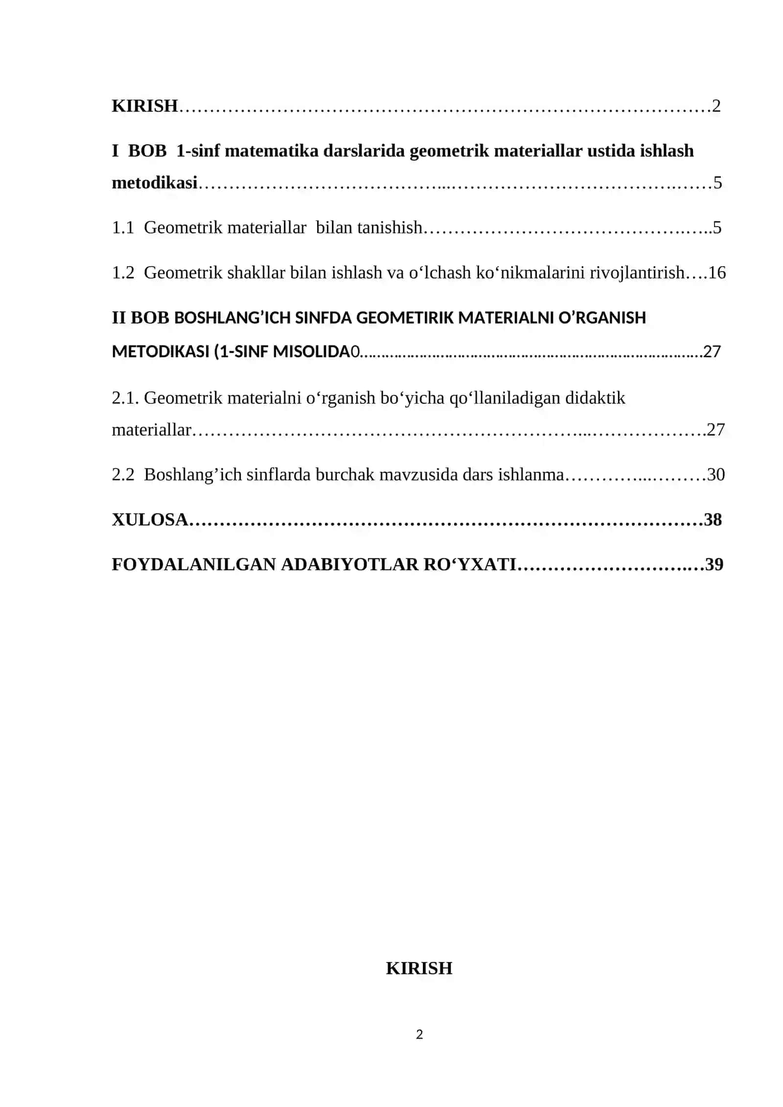 BOSHLANG’ICH SINFDA GEOMETIRIK MATERIALNI O’RGANISH METODIKASI (1-SINF MISOLIDA). KURS ISHI 2