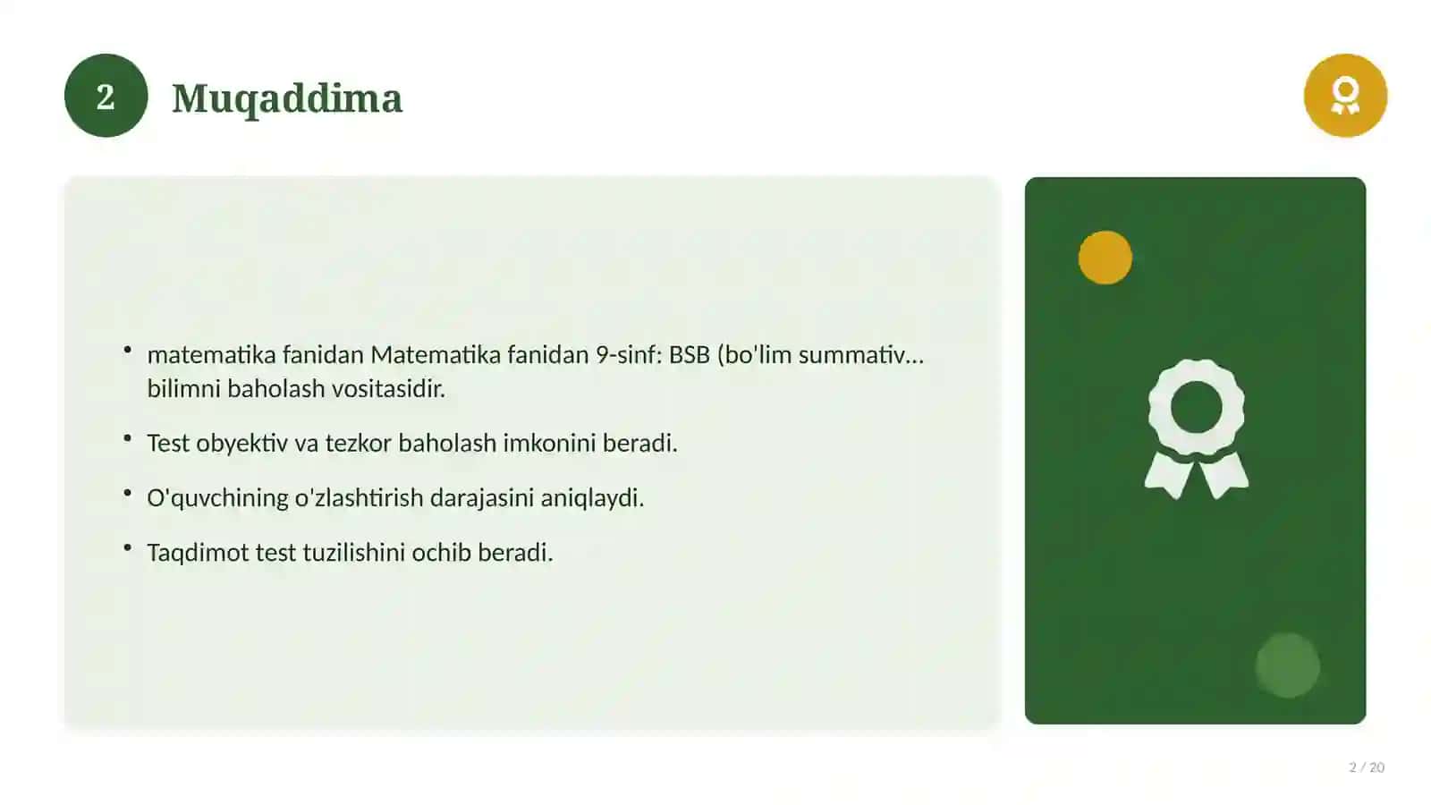 Matematika fanidan 9-sinf: BSB (bo'lim summativ baholash) 2
