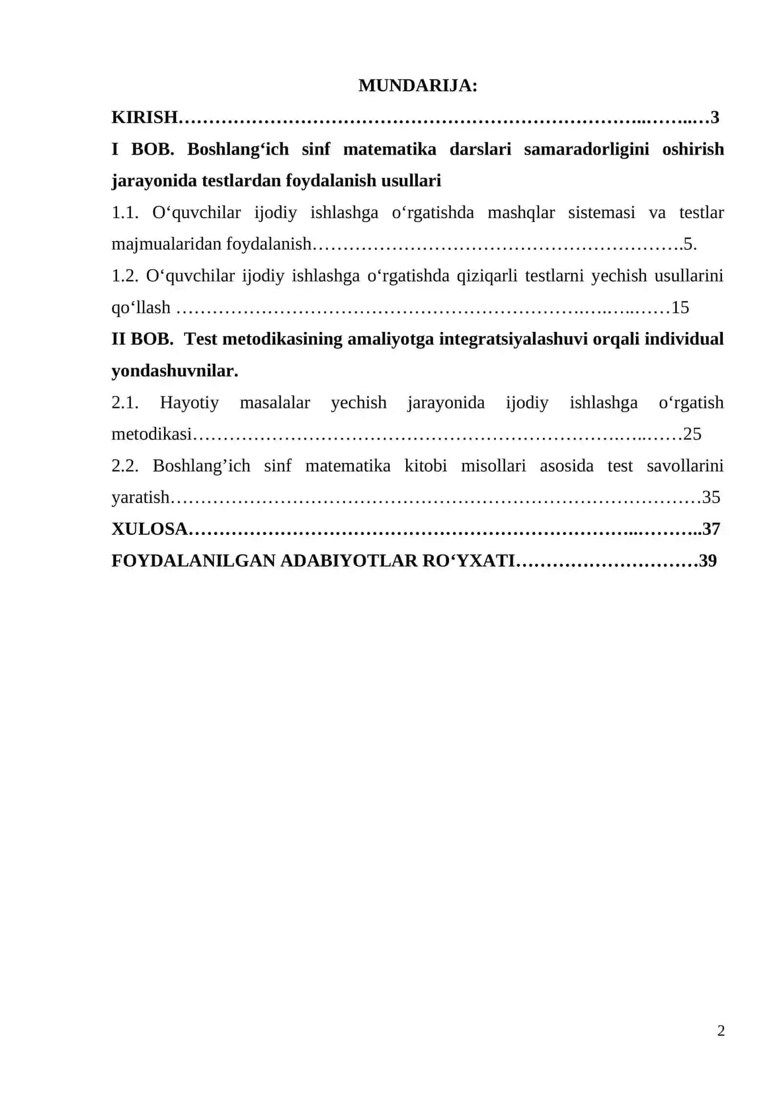 BOSHLANG‘ICH SINF MATEMATIKA DARSLARI SAMARADORLIGINI TESTLAR ORQALI RIVOJLANTIRISH 2