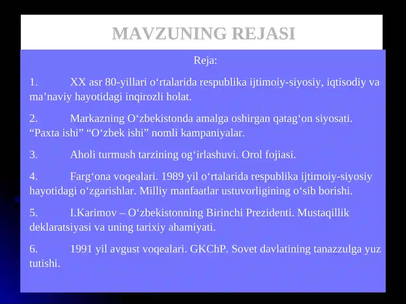 Mustaqillikka erishish arafasida O‘zbekistondagi ijtimoiy-siyosiy jarayonlar. Mustaqil O‘zbekiston Respublikasining tashkil topishi va uning tarixiy ahamiyati . O‘zbekistonning o‘ziga xos istiqlol yo‘li 2