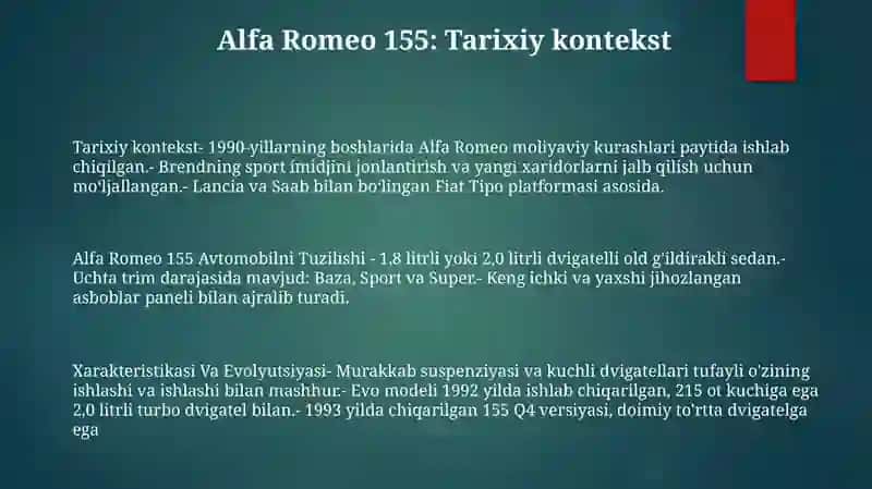 Alfa Romeo 155 Avtomobilni Tuzilishi, Xarakteristikasi Va Evolyutsiyasi 2