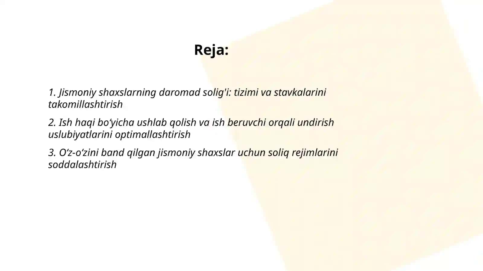 Jismoniy shaxslardan olinadigan soliqlar tarkibi va ularni undirish uslubiyatlarini takomillashtirish 2
