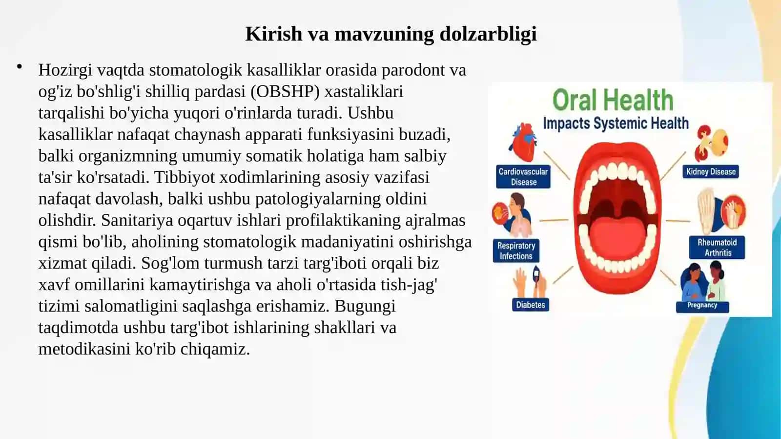 Parodont va og'iz bo'shlig'i shilliq pardasi kasalliklarining oldini olishda sanitariya oqartuv va sog'lom turmush tarzi targ'ibot ishlarini olib borishning shakllari 2