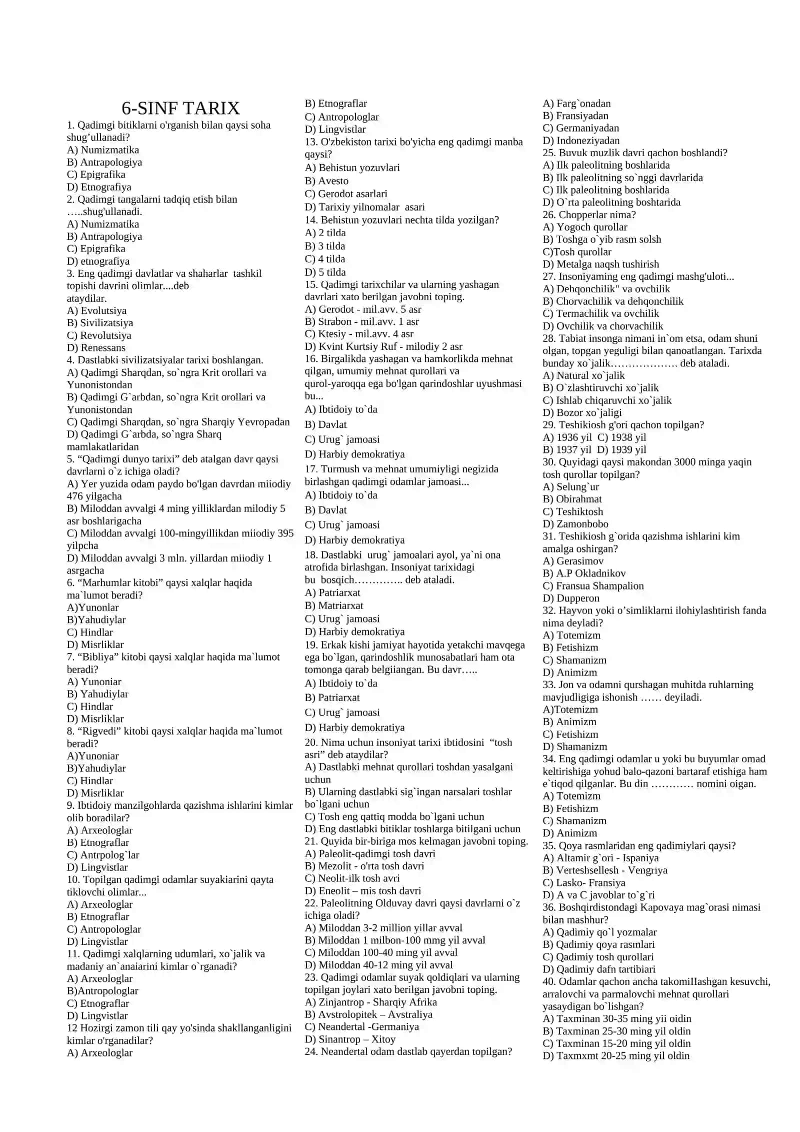 6-sinf tarix test savollari 2