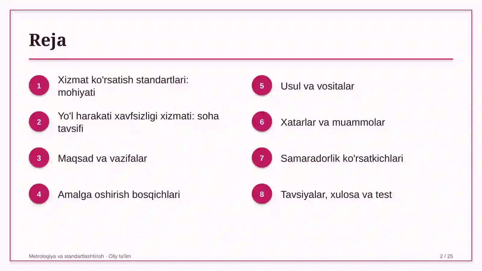 Yo'l harakati xavfsizligi xizmatida xizmat ko'rsatish standartlarini ishlab chiqish 2