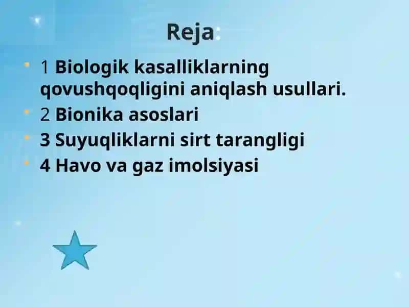 Biologik suyuqliklarning qovushqoqligini aniqlash usullarini o’rganish.Bionika asoslari va ularning inson hayotidagi o’rni.Suyuqliklarni sirt tarangligi .Havo va gaz imolsiyasi. 2