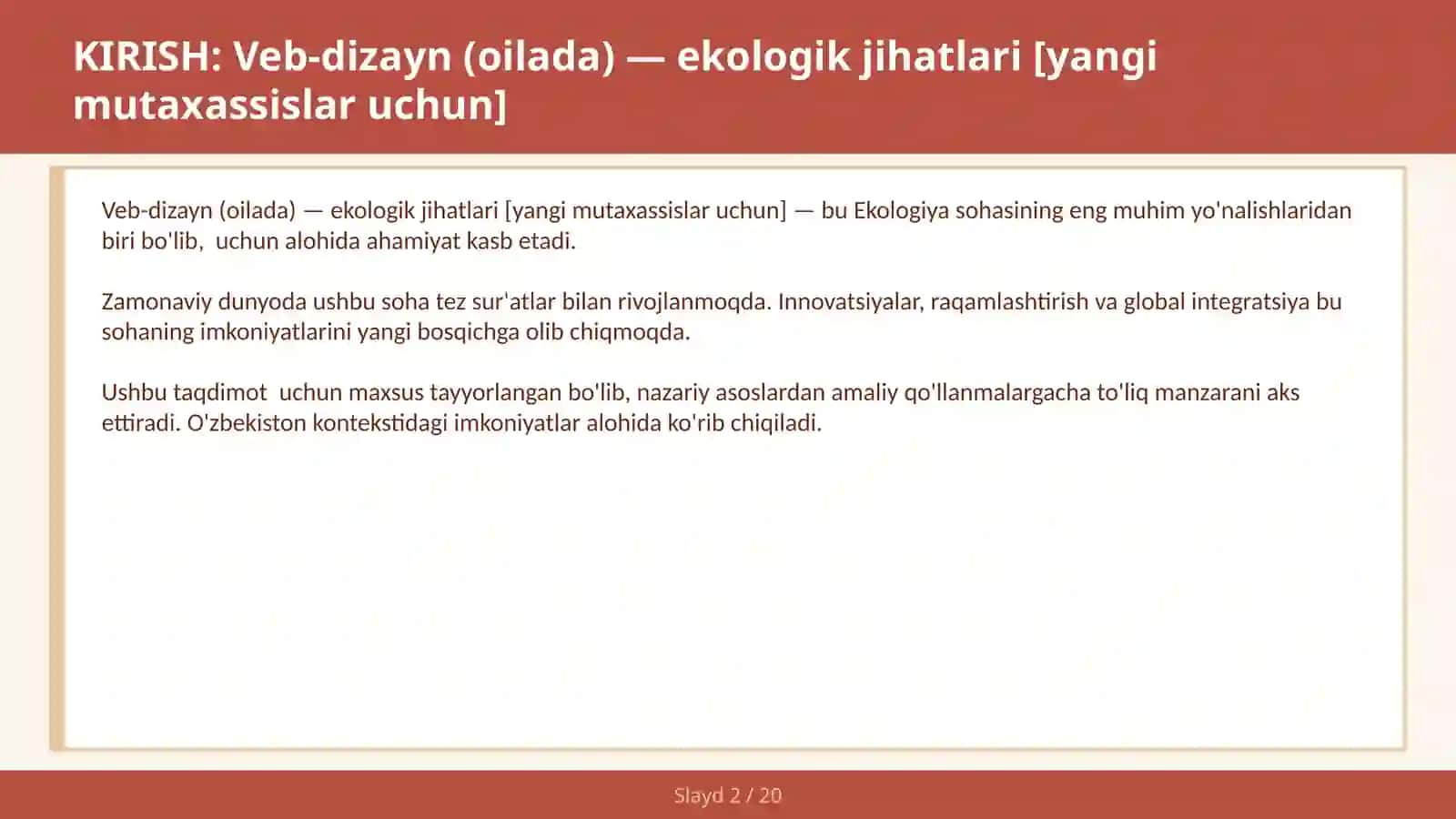 VEB-DIZAYN (OILADA) — EKOLOGIK JIHATLARI [YANGI MUTAXASSISLAR UCHUN] 2