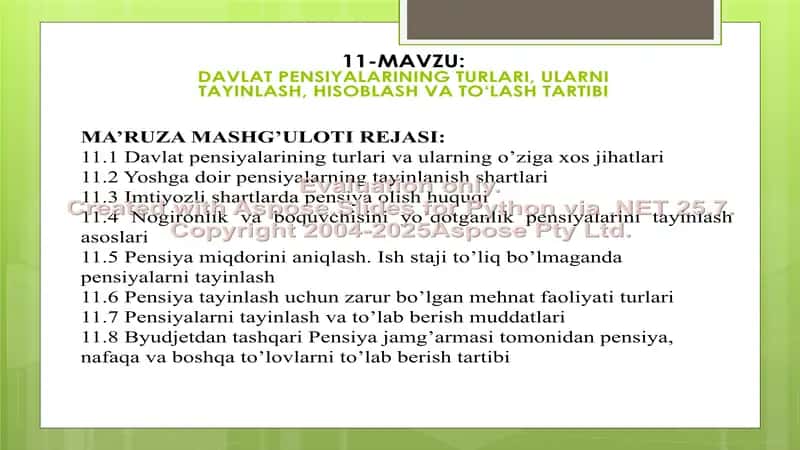 DAVLAT PENSIYALARINING TURLARI, ULARNI TAYINLASH, HISOBLASH VA TO‘LASH TARTIBI 2