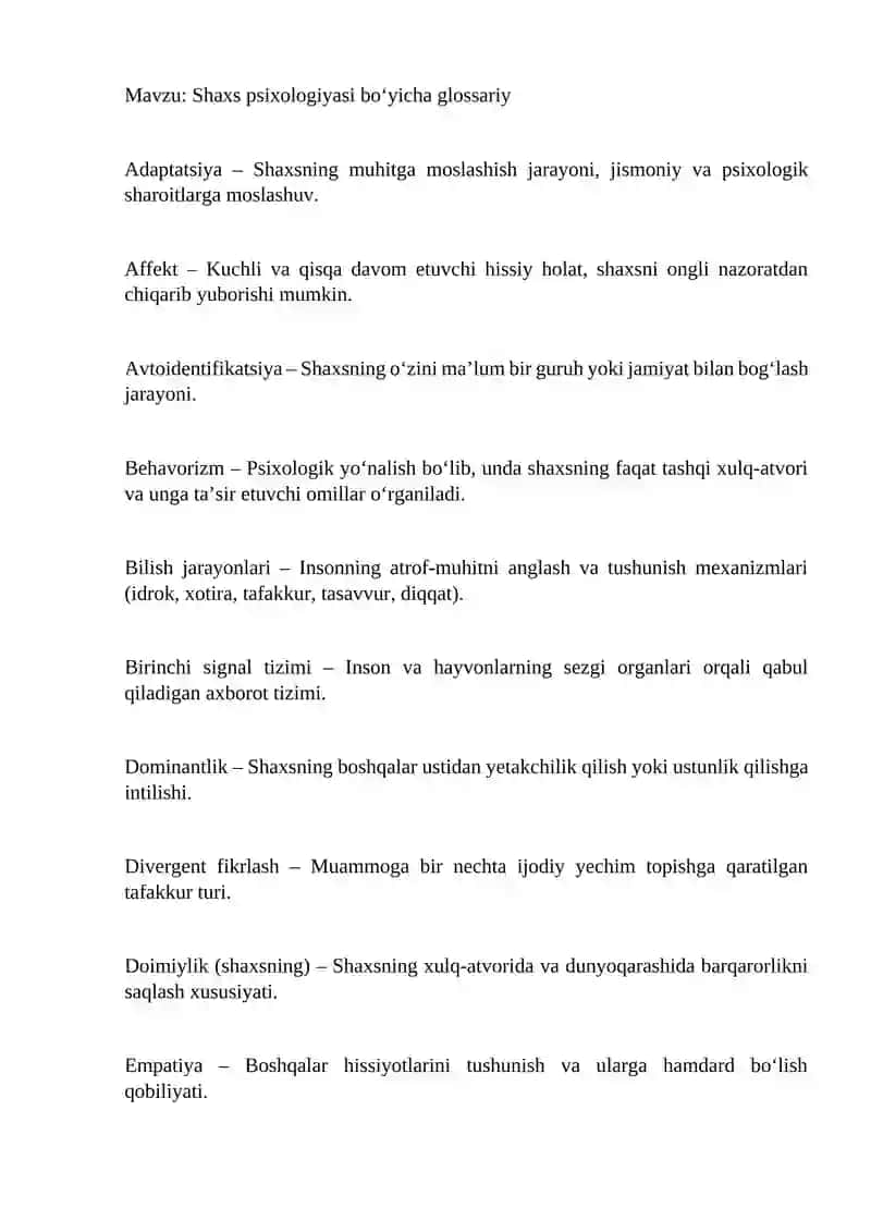 Shaxs psixologiyasi bo‘yicha glossariy 2