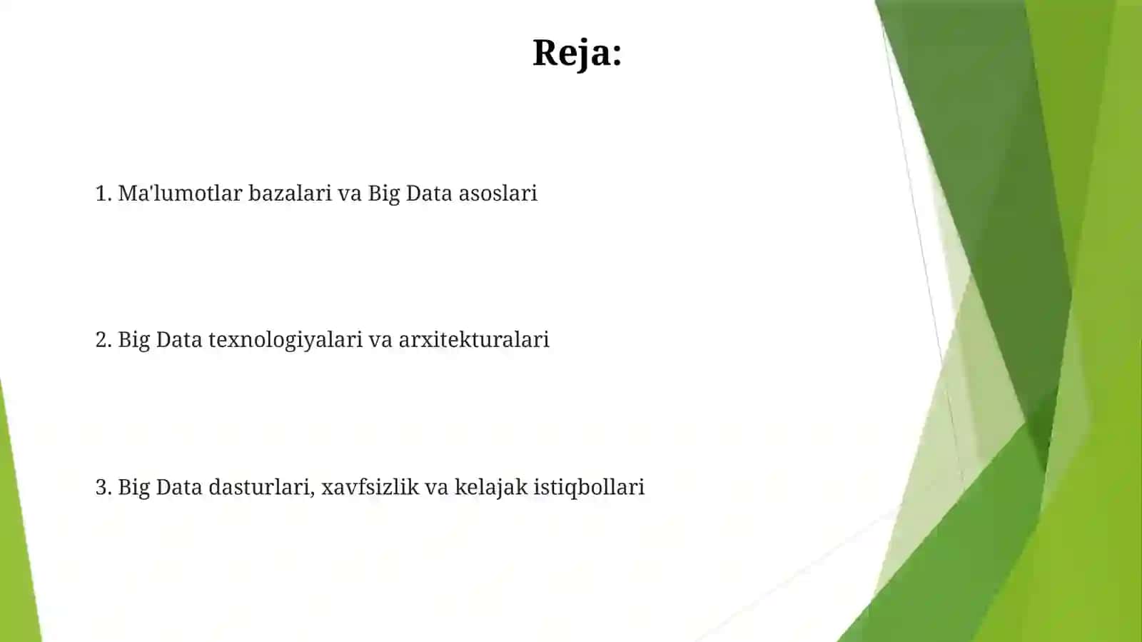 Ma'lumotlar bazasini va katta hajmdagi ma'lumotlar bilan ishlash texnologiyalari 2