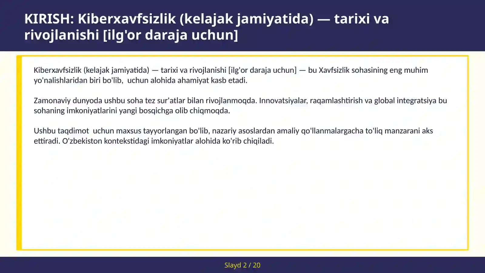 KIBERXAVFSIZLIK (KELAJAK JAMIYATIDA) — TARIXI VA RIVOJLANISHI [ILG'OR DARAJA UCHUN] 2