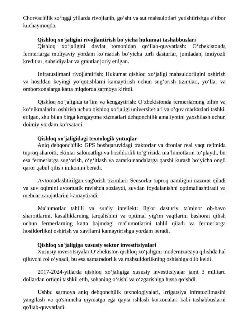OʻZbekistonda 2017-2024- Yillar OraligʻIda Qishloq XoʻJaligi OʻSishi 2