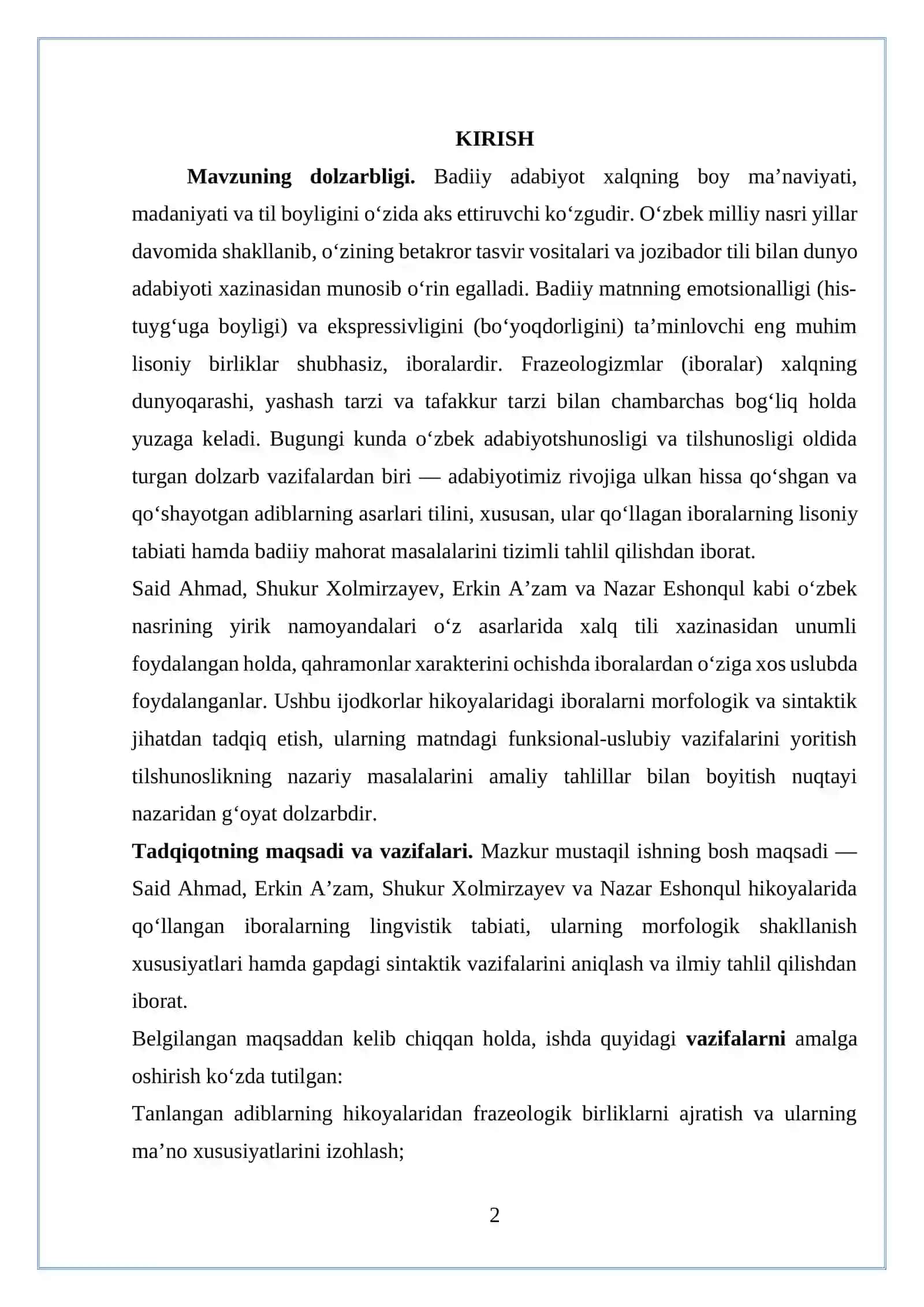 SAIDAHMAD, ERKINA'ZAM,SHUKUR XOLMIRZAYEV, NAZARESHONQUL, KABI IJODKORLARNING IXTIYORIY HIKOYANI IBORALARI BO'YICHA TAHLIL QILISH. 2