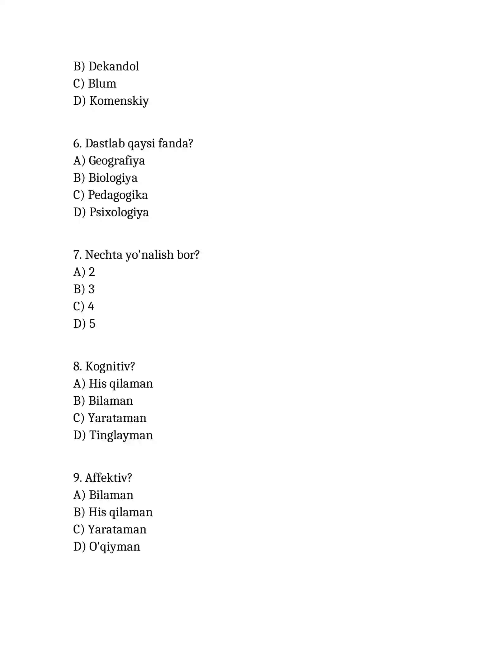 Blum taksonomiyasi bo'yicha test 2