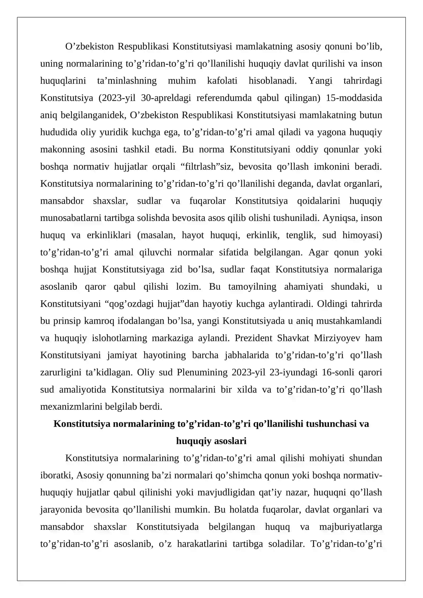 O’zbekiston Respublikasi Konstitutsiyasi normalarining to’g’ridan-to’g’ri qo’llanilishi 2