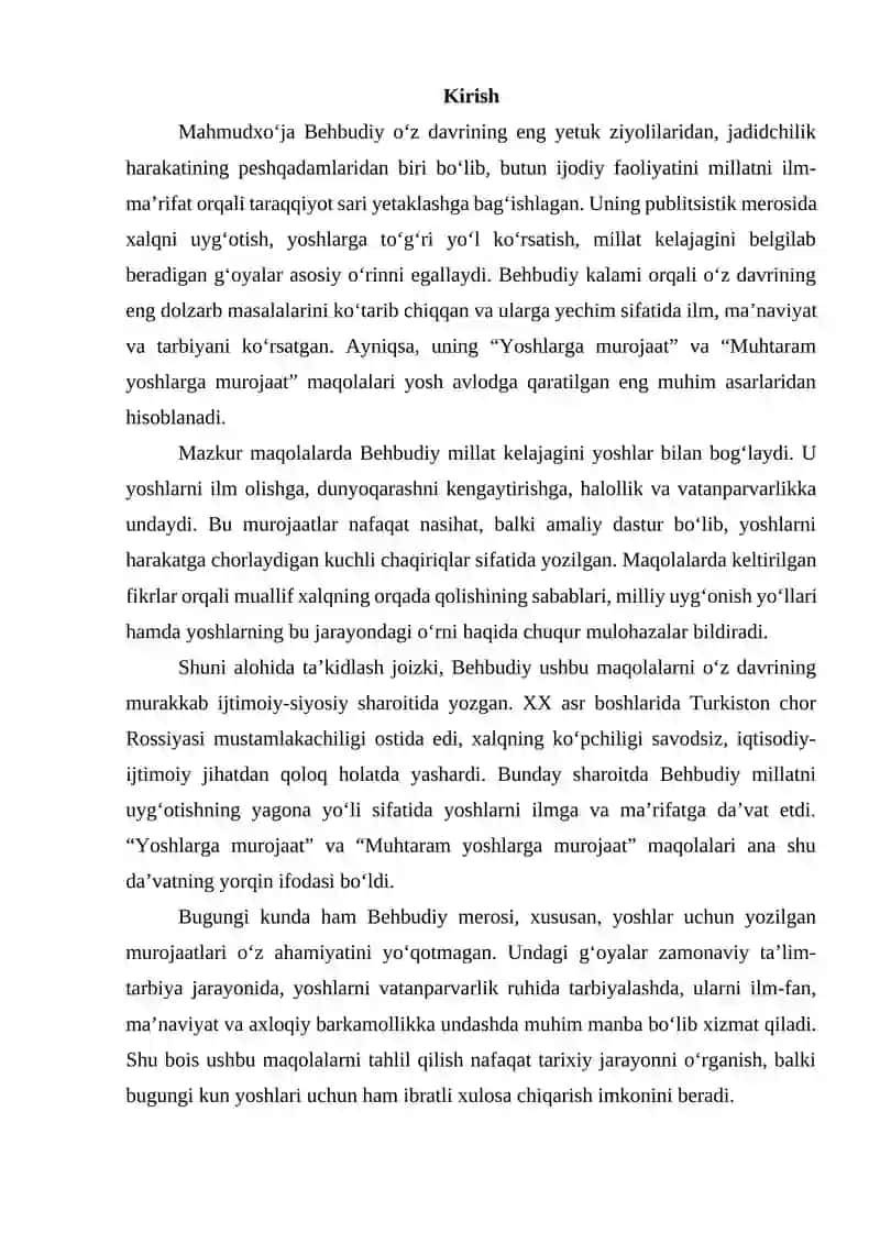 M.Behbudiyning “Yoshlarga murojaat” va “Muhtaram yoshlarga murojaat” maqolalarini tahlil etish 2