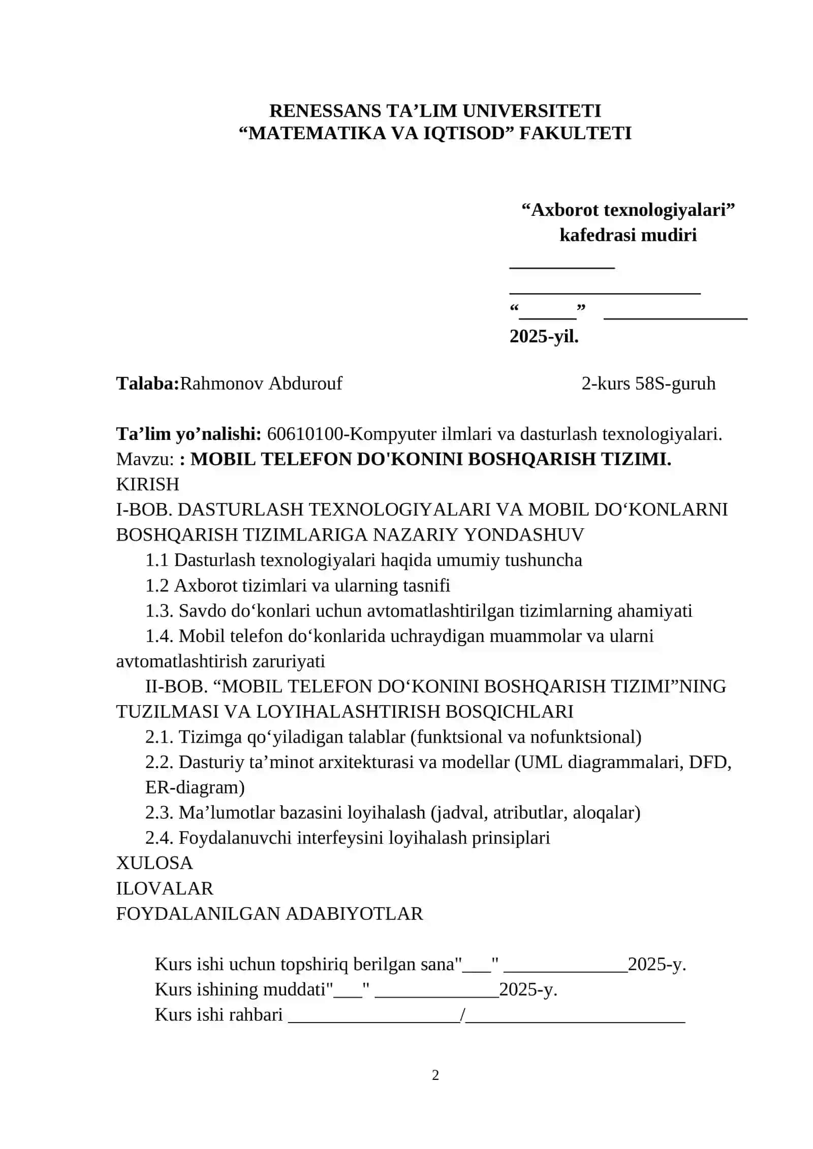 MOBIL TELEFON DO'KONINI BOSHQARISH TIZIMI 2