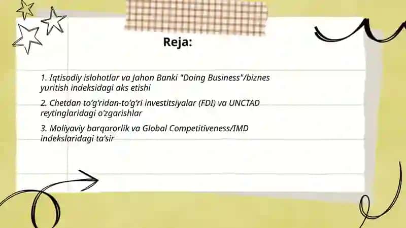 Yangi Oʻzbekiston ijtimoiy -siyosiy,iqtisodiy va madaniy hayotida roʻy berayotgan oʻzgarishlarning xalqaro reyting va indekslarda aks etishi 2