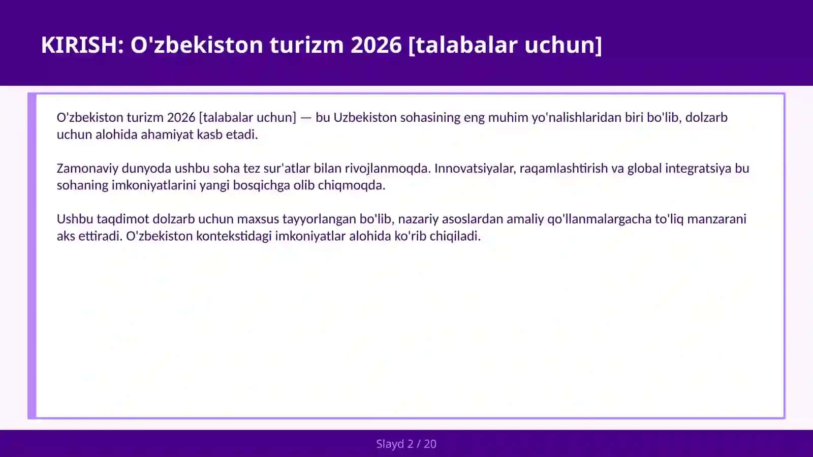 O'zbekiston turizm 2026 [talabalar uchun] 2