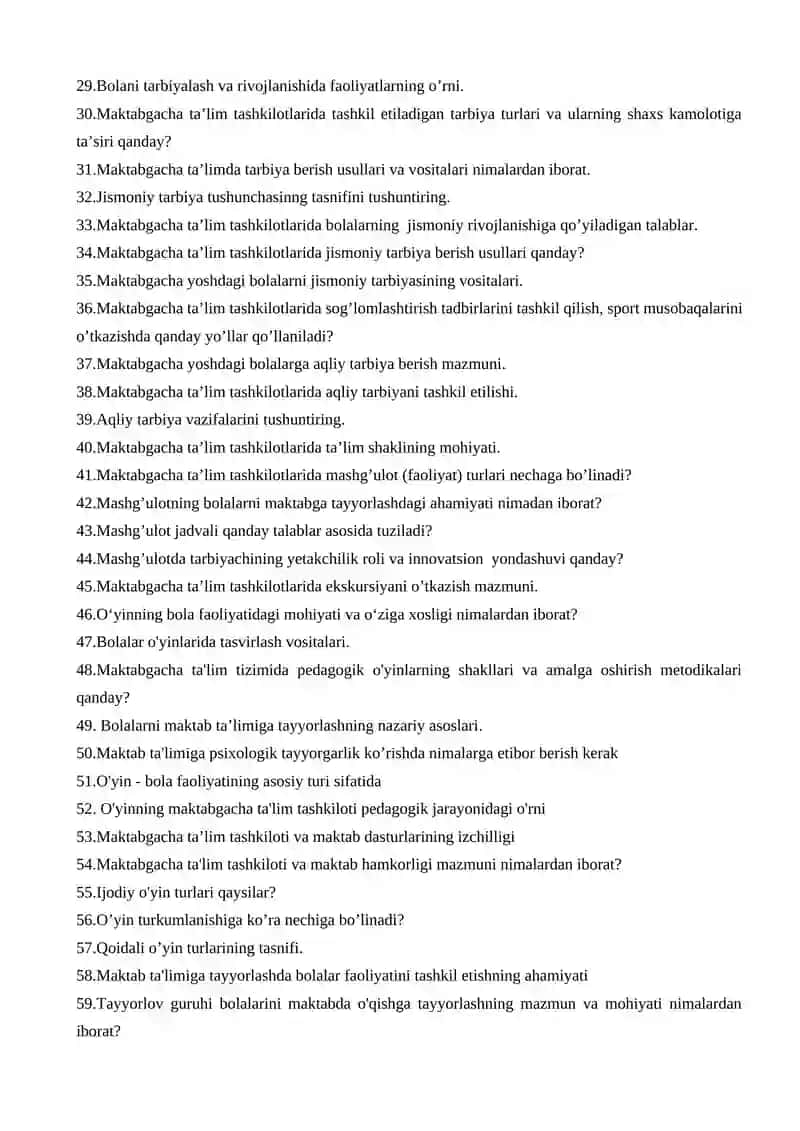 MAKTABGACHA TA’LIM YO’NALISHI MAKTABGACHA PEDAGOGIKA FANIDAN TUZILGAN SAVOLLAR 2