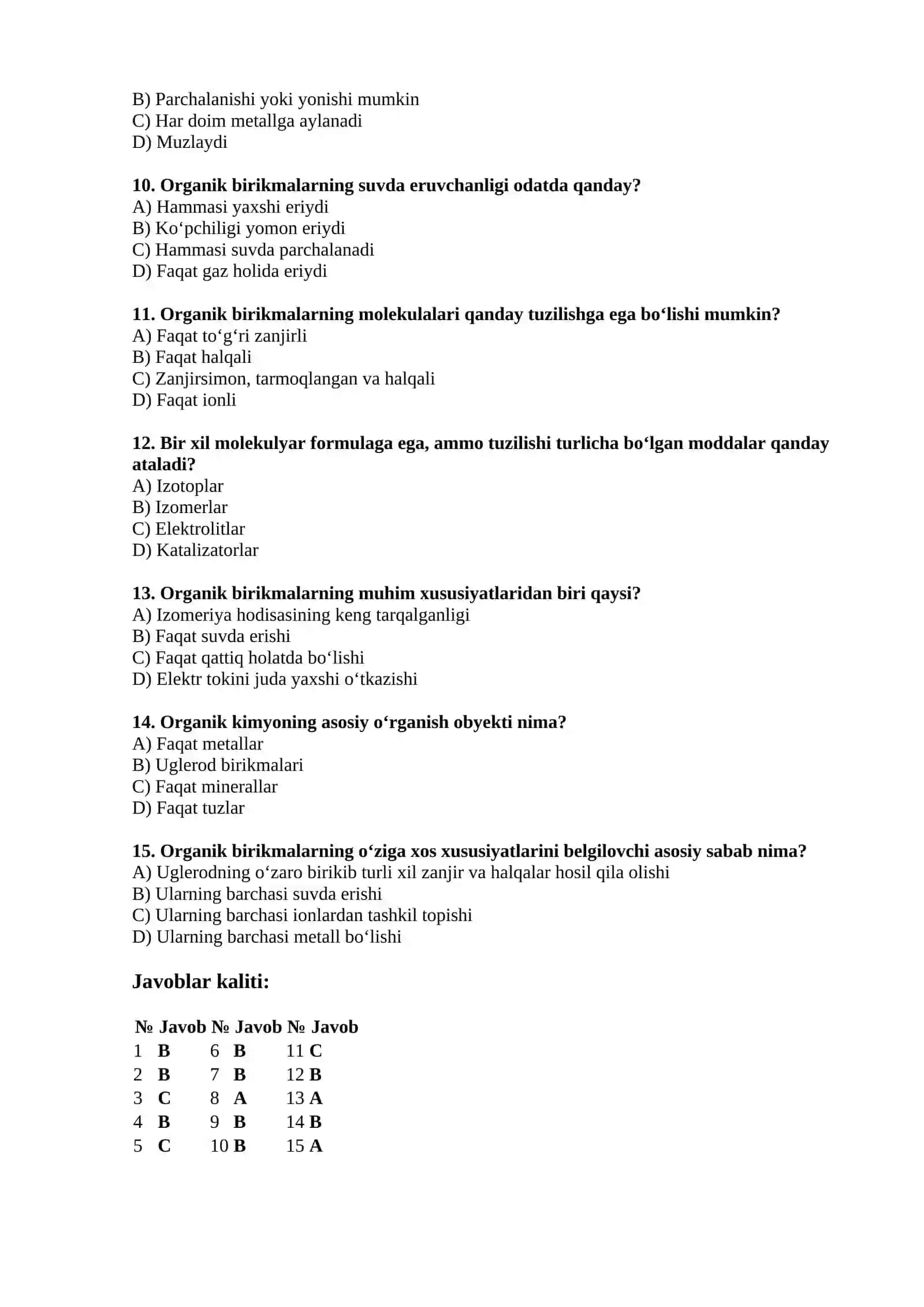 Organik kimyo test savollari 2
