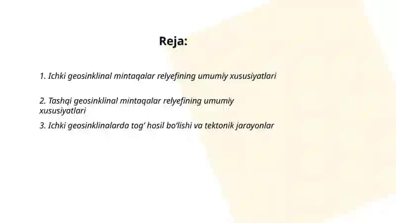 Materiklardagi ichki va tashqi geosinklinal mintaqalarning relyefi 2