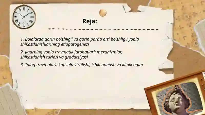 Bolalarda qorin bo’shlig’i va qorin parda orti bo’shlig’i azolaring yopiq shikastlanishlari.(Jigar, taloq, buyrak va meda-ichak tizimi jarohatlari) Etiopatogenez klinika diagnostika va zamonaviy davolaah usullari 2