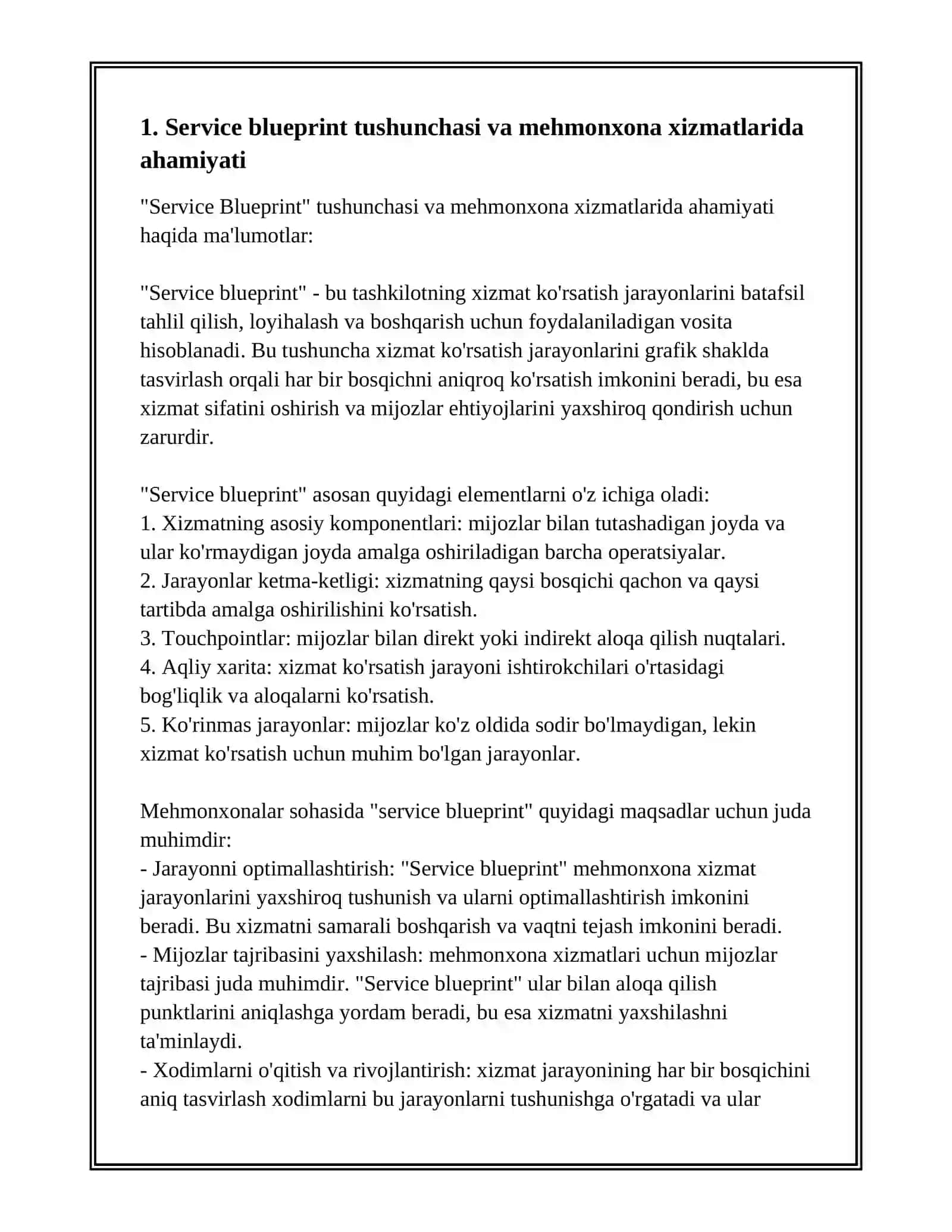 MEHMONXONA XIZMATLARIDA "SERVICE BLUEPRINT" VA STANDART OPERATSION JARAYONLAR (SOP) 2