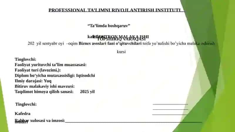 "Mamlakatimizda kichik biznes va tadbirkorlikni rivojlantirish" elektron malaka ishi 2