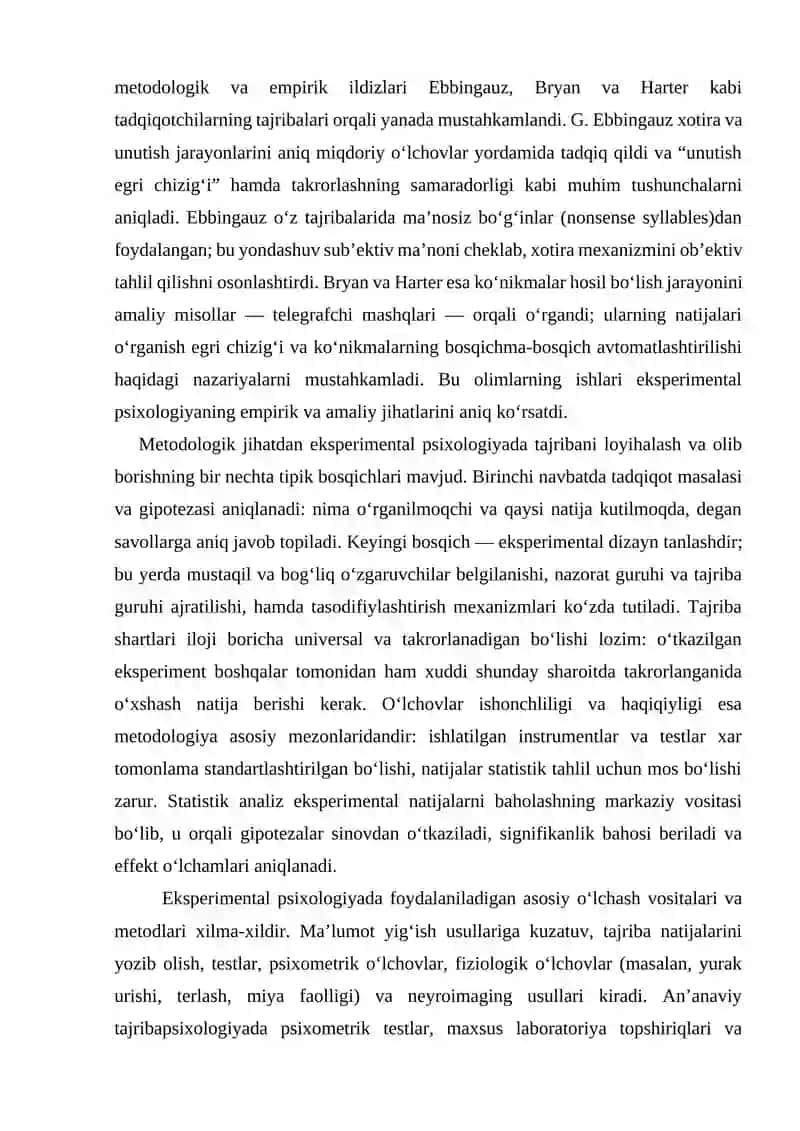 Ebbingauz, Brayyan va Xarterlarning eksperimental psixologiya nuqtaiy nazaordan olib borgan tadqiqotlari. 2