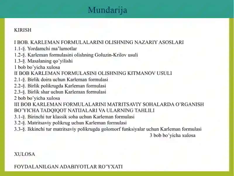 MATRISAVIY SOHALARDA KARLEMAN FORMULALARI 2