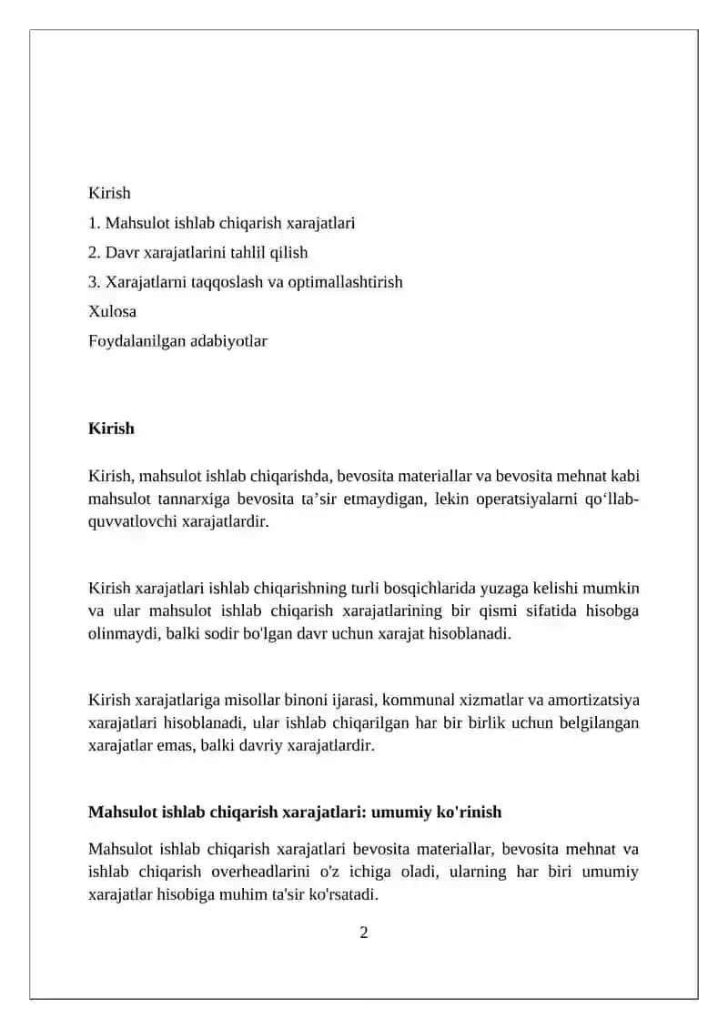 Mahsulot ishlab chiqarish va davr xarajatlar tahlili 2
