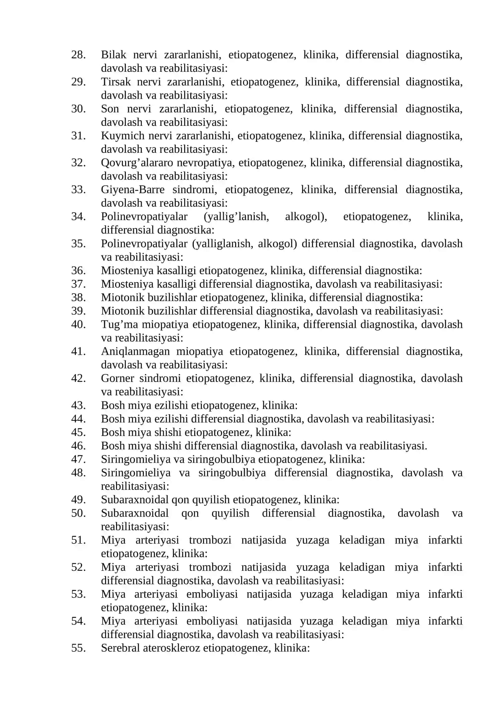 Nevrologiya mutaxassisligi bo’yicha shakllantirilgan og’zaki savollar ro’yxati 2