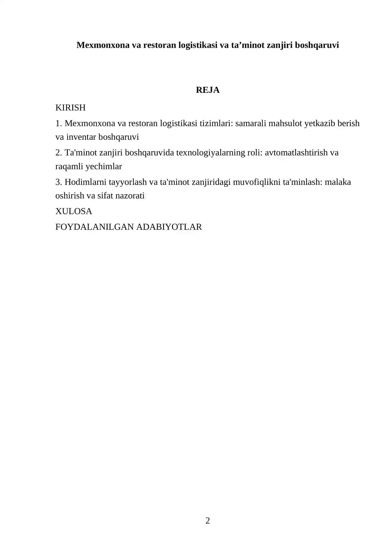Mexmonxona va restoran logistikasi va taʼminot zanjiri boshqaruvi 2