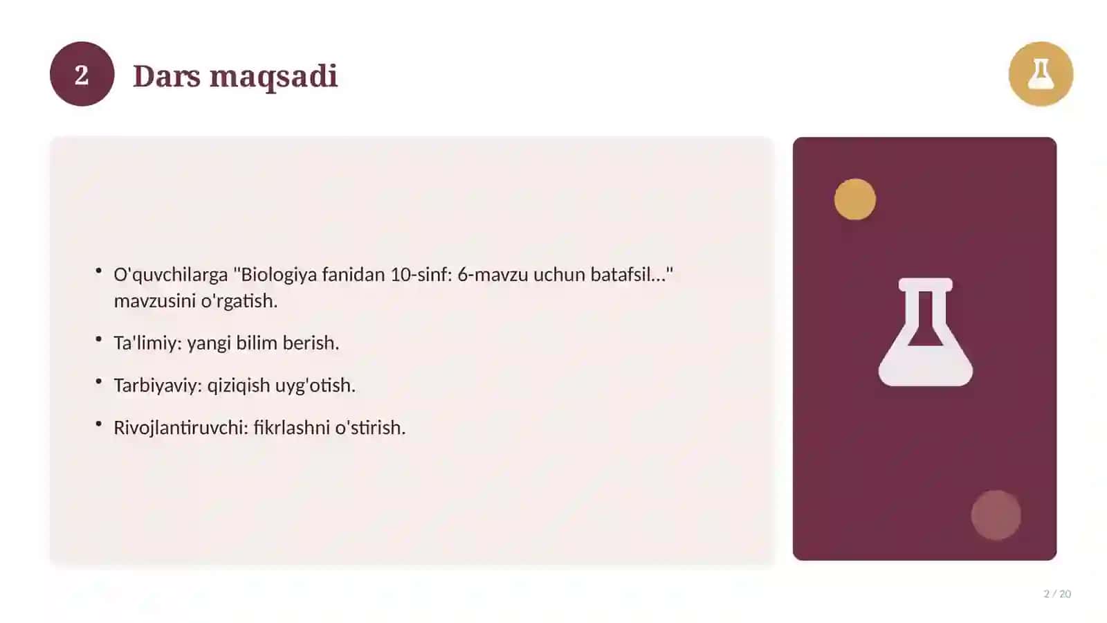 Biologiya fanidan 10-sinf: 6-mavzu uchun batafsil dars ishlanmasi 2