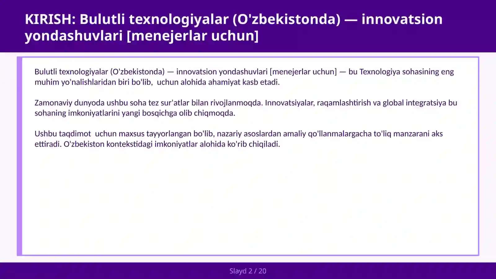 Bulutli texnologiyalar (O'zbekistonda) — innovatsion yondashuvlari [menejerlar uchun] 2