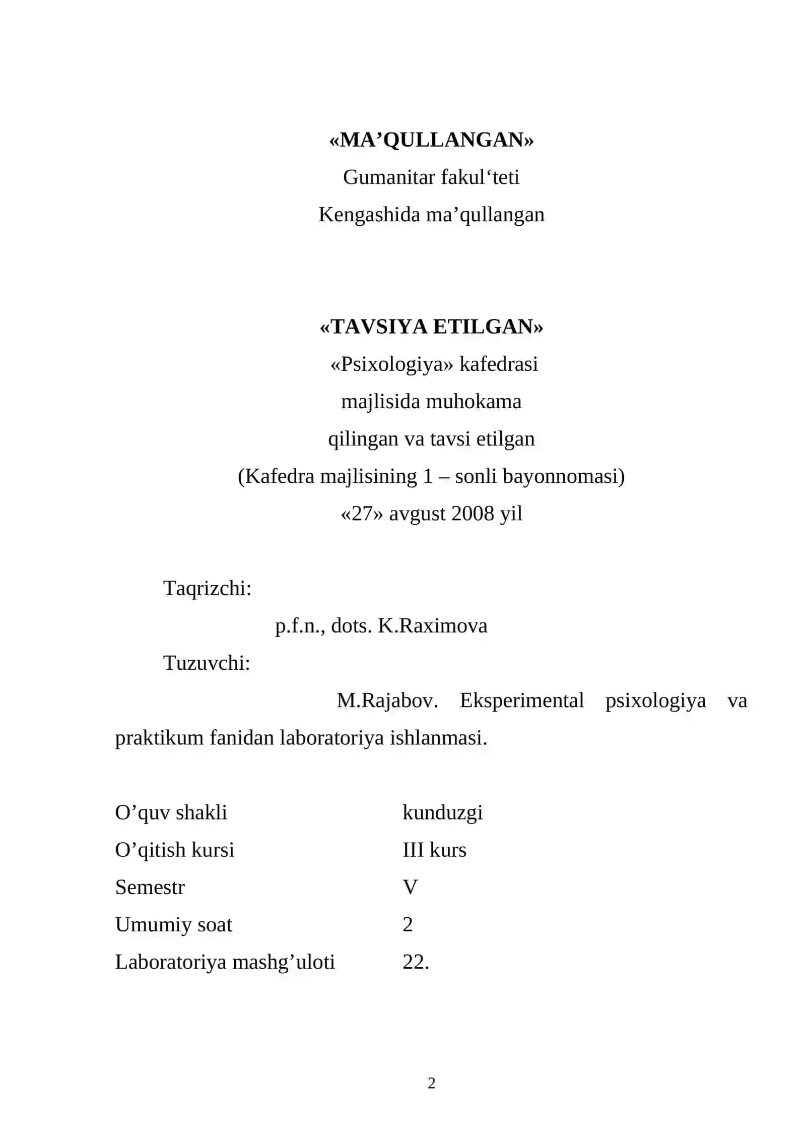 EKSPERIMENTAL PSIXОLОGIYA VA PRAKTIKUM FANIDAN LABORATORIYA ISH 2