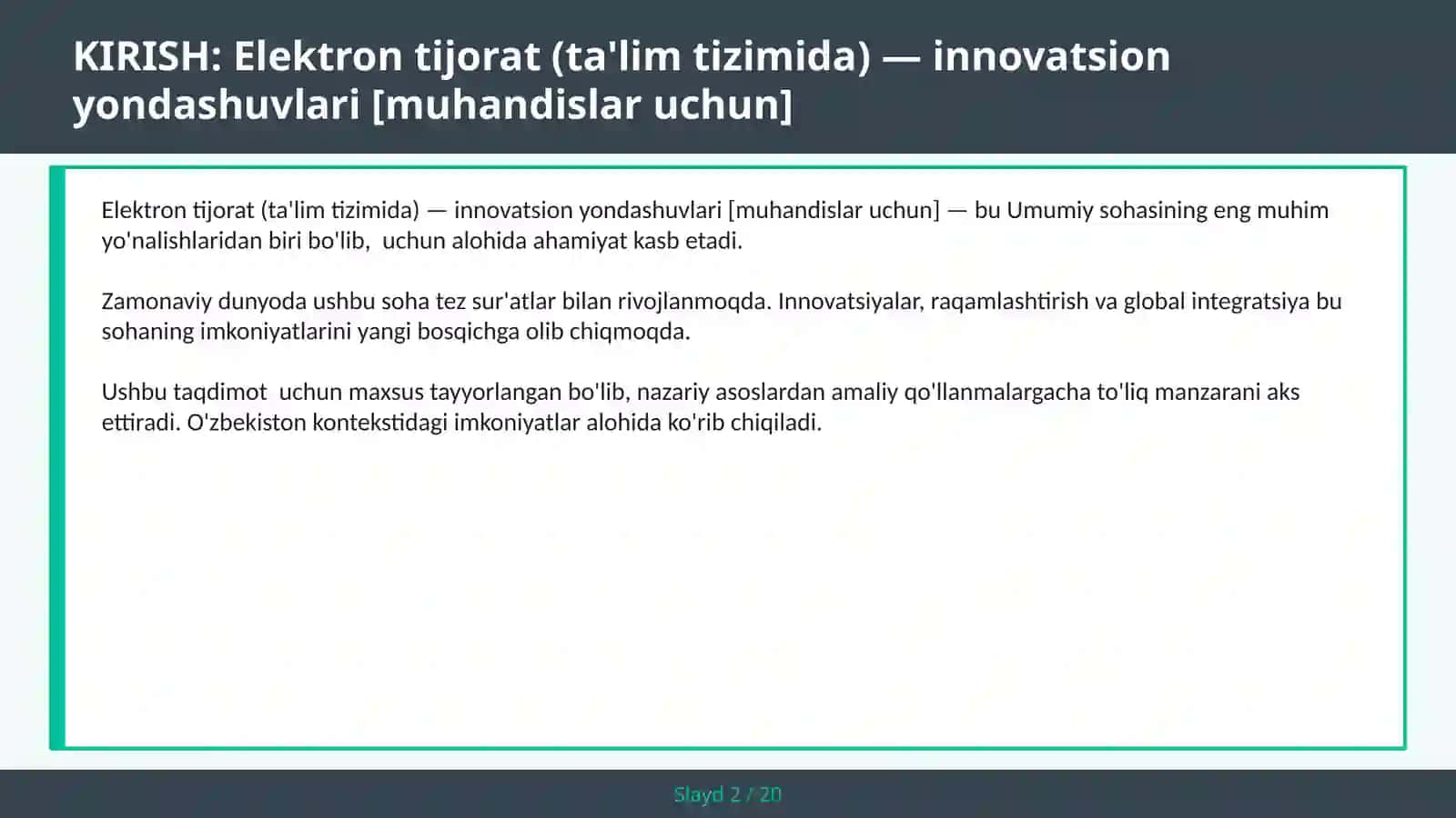 Elektron tijorat (ta'lim tizimida) — innovatsion yondashuvlari [muhandislar uchun] 2