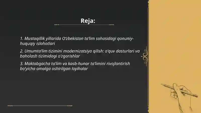 Oʻzbekiston respublikasi taʼlim soxasidagi amalga oshirilgan islohotlar 2