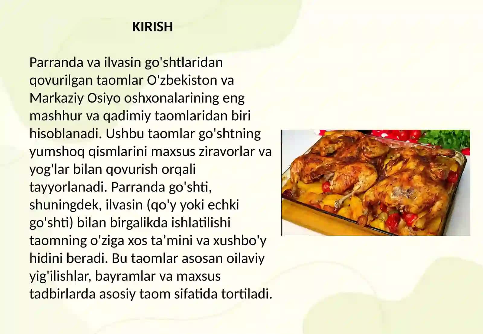 Parranda va ilvasin go'shtlaridan qovurilgan taomlar 2