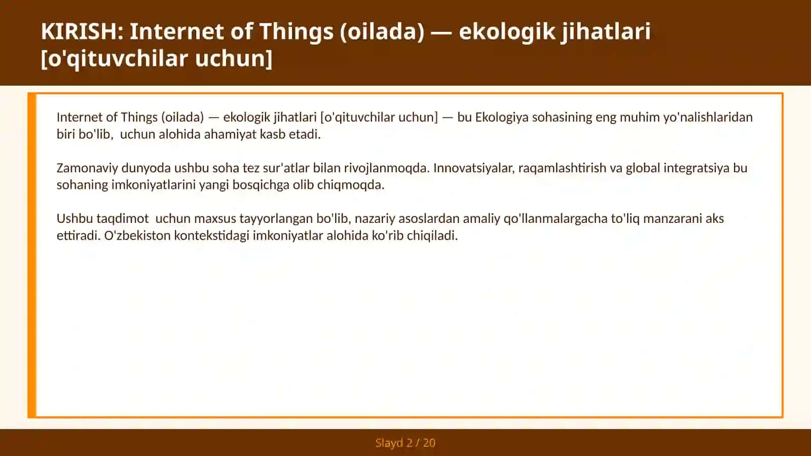 INTERNET OF THINGS (OILADA) — EKOLOGIK JIHATLARI [O'QITUVCHILAR UCHUN] 2
