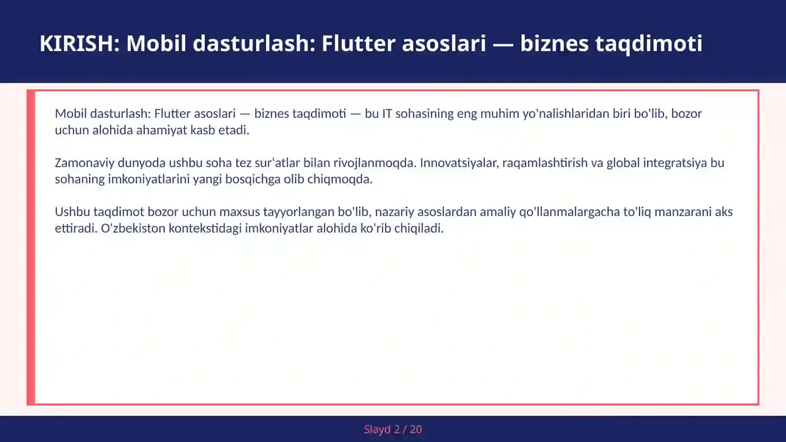 Mobil dasturlash: Flutter asoslari — biznes taqdimoti 2
