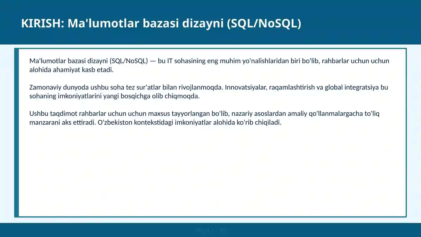 Ma'lumotlar bazasi dizayni (SQL/NOSQL) 2