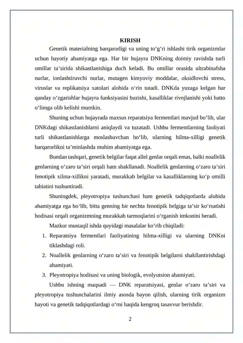 Reparatsiya fermentlari faoliyatining hilma-xilligi, noallelik genlarning o‘zaro ta’siri 2