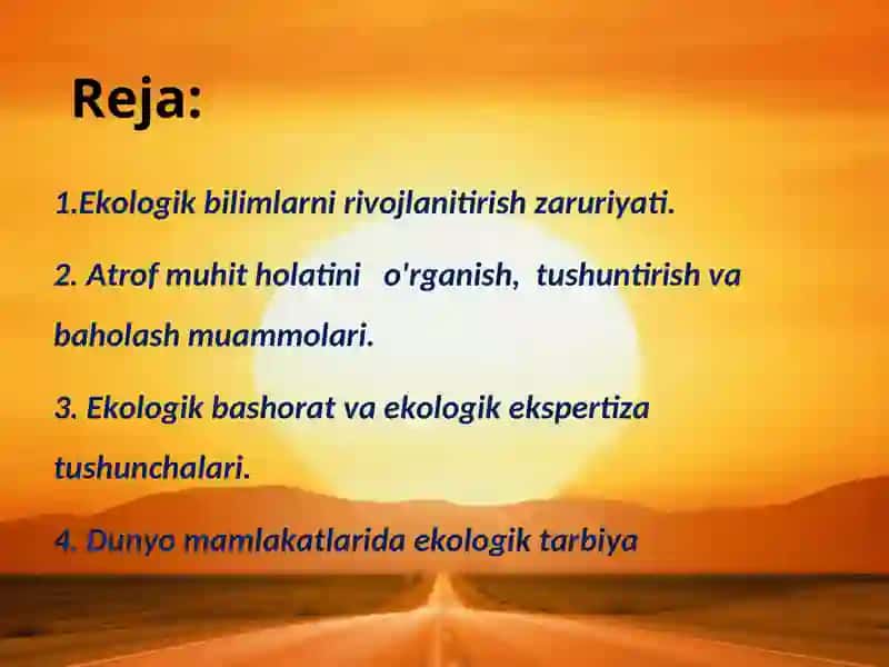 - Tags (comma-separated): Ekologik bilimlar, Atrof muhit, Ekologik bashorat, Ekologik ekspertiza, Ekologik tarbiya 2