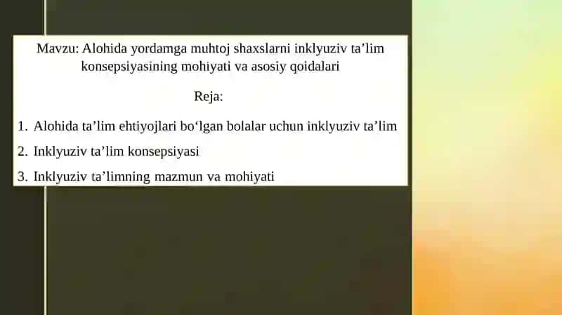Alohida yordamga muhtoj shaxslarni inklyuziv ta’lim konsepsiyasining mohiyati va asosiy qoidalari 2