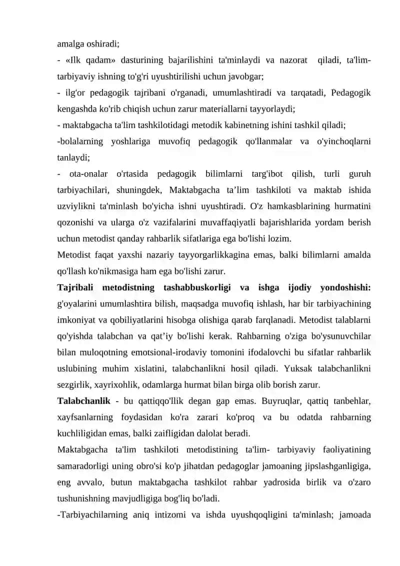 Maktabgacha ta’lim tashkiloti uslubchisining metodik ishlarga rahbarligi 2