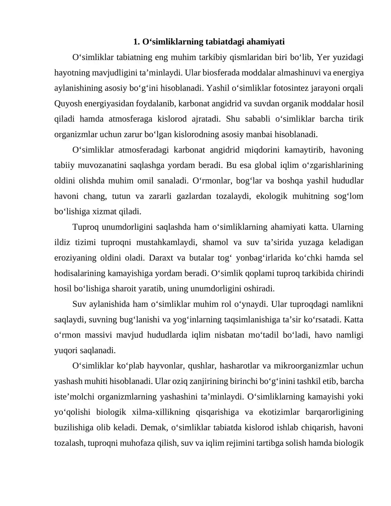 O'SIMLIKLARNI TABIATDA VA INSON HAYOTIDAGI TUTGAN O'RNI 2
